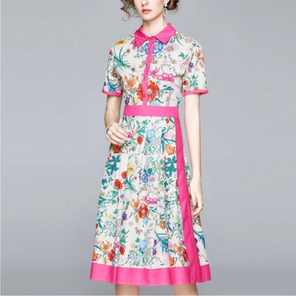 Dalia Macphee pink half button short sleeve dress NWT